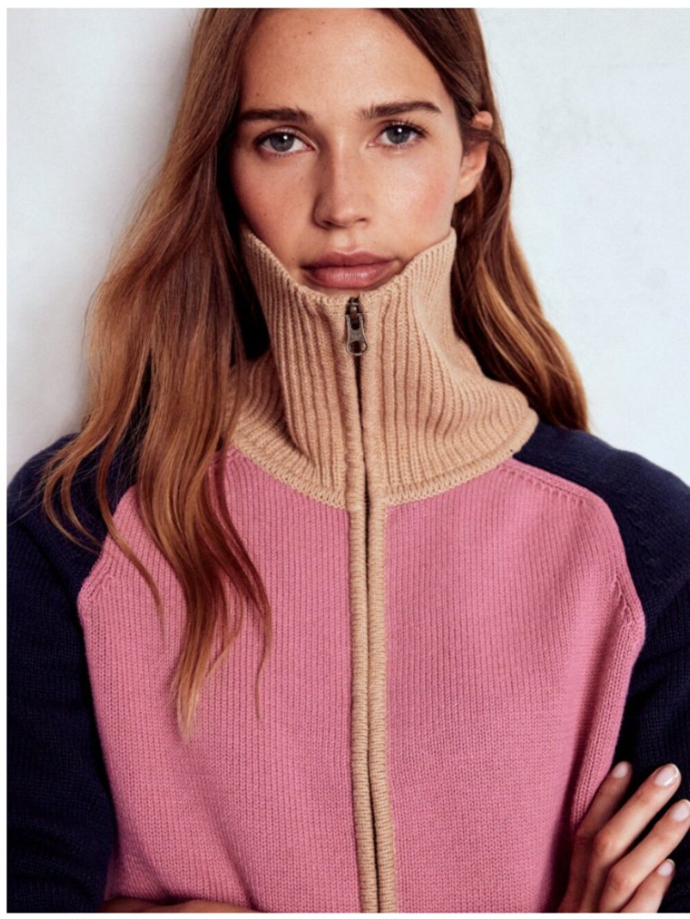 Boden Lucy Half Zip Sweater (Pink Heather, Navy) Size S - Picture 3 of 8